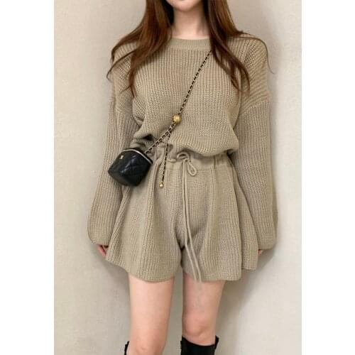 Korean Fashion Knitted Jumpsuit Women Long Sleeve O-neck Loose Streetwear High Waist Lace-up Wide Leg Shorts Sweater Rompers
