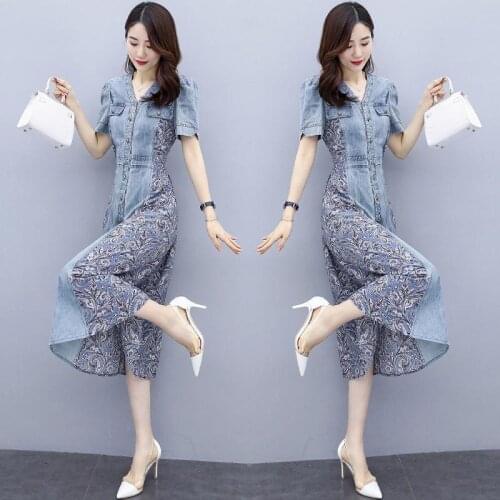 Temperament feminine dress womens summer Floral Chiffon splicing denim skirt