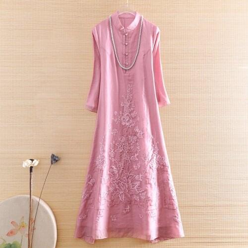 High-end Spring Auttom Women Cheongsam Dress Retro Elegant Embroidery Loose A-line Lady Party Qiapao Dress S-XXL