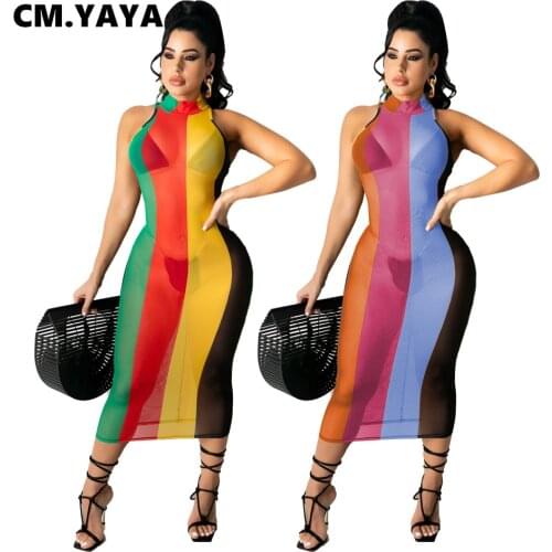 CM.YAYA Sexy Dress Women Sleeveless Mesh See-through Sheath Elastic Mid-calf Dresses Female Nigh Club Party Dress Summer 2021