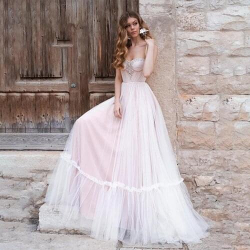 Spaghetti Strapls Empire Waist Pink Wedding Dress Beading Front Ruched A-line Bridal Dress vestido de novia sirena de encaje