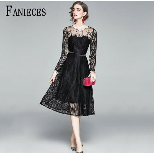2021 Spring Autumn Black Vintage Embroidery Patchwork Lace Dress Women A-Line Long Sleeve Midi Office Lady Patchwork Dresses