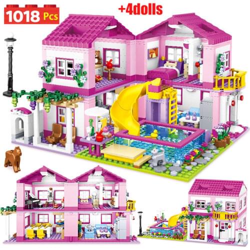 1 Change 3 City Street View Summer Slide Swimming Pool Double-storey House Building Blocks Friends Figures Bricks Toys For Girls