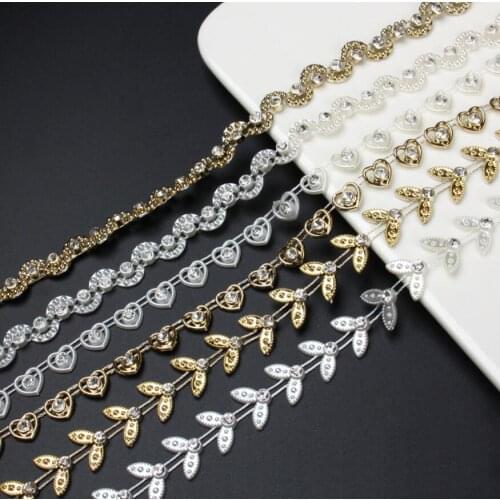 10Yard Rhinestone Wave/Heart/Leaf Beads UV Plated Chain Trim For Sewing Apperal Bag Shoes Cap Collar Holiday Venue Decoration