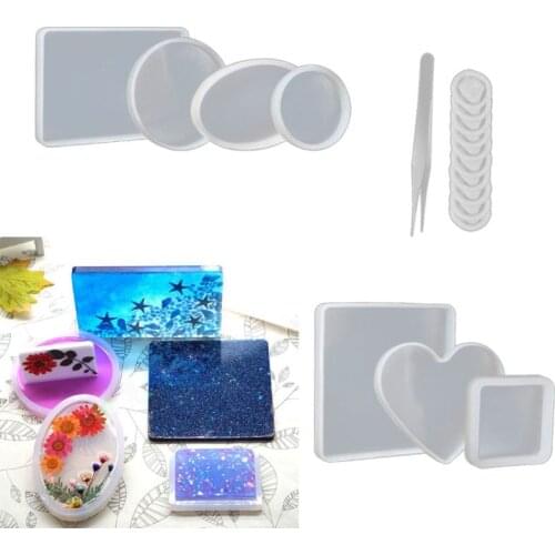 18Pcs Handmade Coaster Silicone Resin Mold Round Square Rectangle Heart Oval Bottom DIY Molds Kit Jewelry Making Tools
