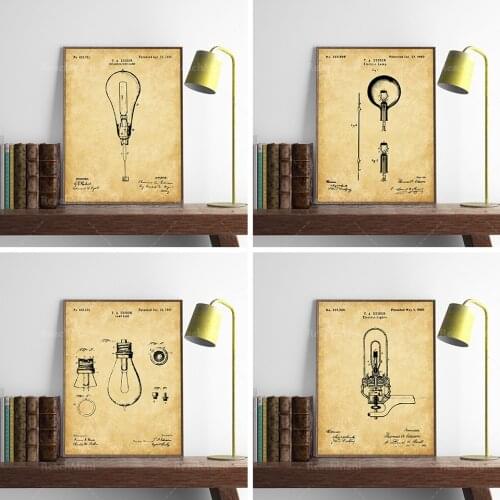 4 sets of patent posters, Edison electric light, light patent poster, Edison art, electric light, wall decoration