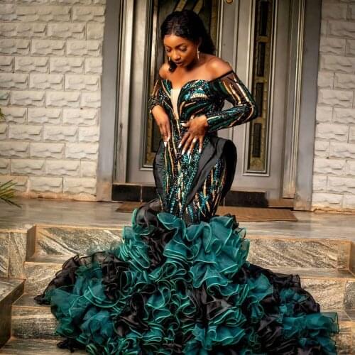 Shiny African Sequin Prom Dresses Full Ruffle Evening Dress Mermaid Plus Size Formal Party Gowns Sexy abiye vestido de festa