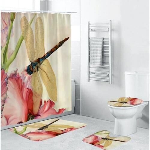 Flower Dragonfly Clock Retro Shower Curtains Set Bath Mat Set Toilet Cover Bathroom Accessories Bathroom Rug Set
