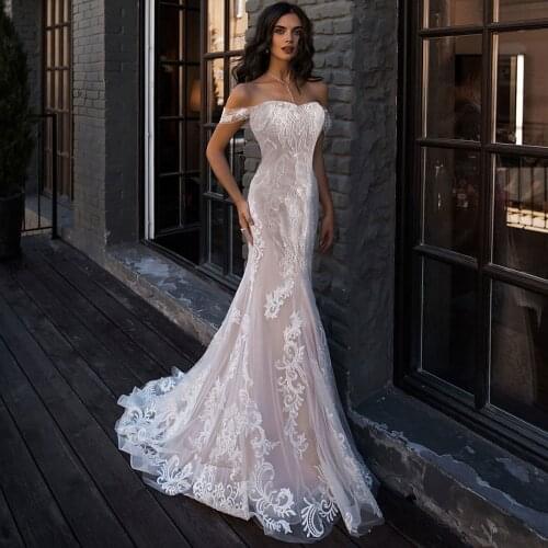Elegant Mermaid Light Champagne Spain Wedding Dress Off Shoulder Embroidered Bridal Gown