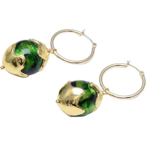 GG Jewelry Natural Green Moss Glass Ball Gold Color Plated Circle Dangle Hook Earrings Handmade For Women