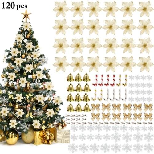120Pcs Creative DIY Christmas Tree Decoration Set Delicate Fake Flower Snowflake Bell Cane Ornament House Party 2021 New Years