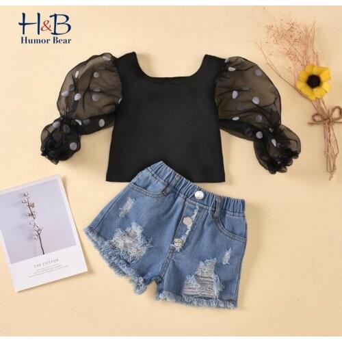 Humor Bear Girls Clothes Set Autumn Spring Long Sleeve Dot Print Mesh T Shirt Denim Short Outfits 2Pcs Toddler Clothes
