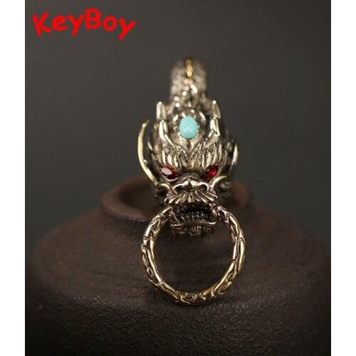 Copper Dragon Head Car Keychain with Ring Vintage High-end Dragon Brass Keyring Pendant Luxury Men Spring Key Chain Accessories