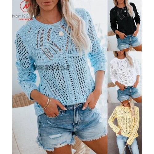 Fashion Women Spring Autumn Solid Color Sweaters Hollow Out Design See Through O-Neck Long Sleeve Casual Loose Pullovers Top