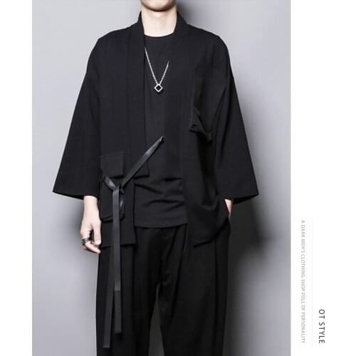 Mens Coat Spring And Autumn New Collarless Solid Color Cardigan Mens Chinese Ribbon Splicing Design Buckle Loose Coat