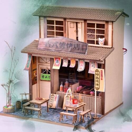 DIY Handcraft Miniature Project Dollhouse Furniture Kit Wooden Dolls House Antique Barbecue Restaurant Gift for Children