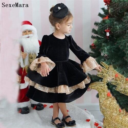 New Black Girls Clothes Flare Sleeve Illusion Back Princess Knee Length Tiered Puffy Girl Birthday Dress