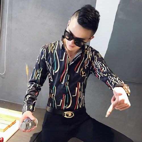 Autumn 2019 new mens printed long sleeve shirt social boys' shirt 301a-1 / cs115 / p55