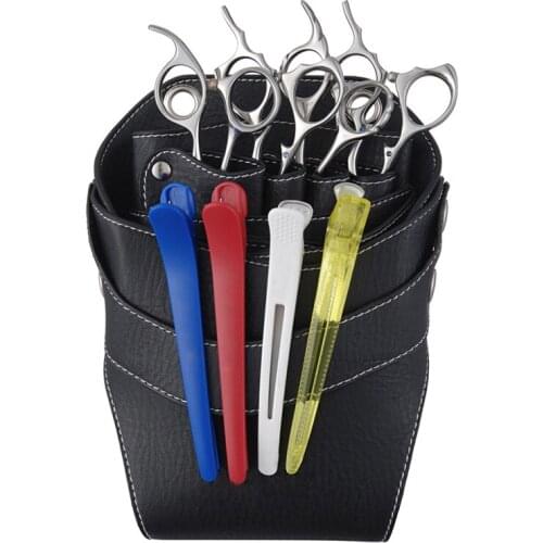 New Professional Leather Rivet Clips Bag Hairdressing Barber Scissor Holster Pouch Holder Case with Waist Shoulder Belt Black