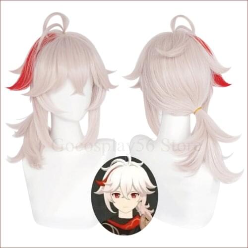 Genshin Impact Cosplay Kaedehara Kazuha Wig Ponytail Pale Blonde Mixed Red Short Heat Resistant Hair Women Role Play