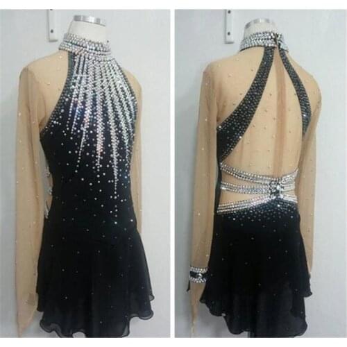 Figure Skating Dress Womens Girls' Ice Skating Dress Stand collar long sleeve Black Shiny rhinestone pattern Stretch fabrics