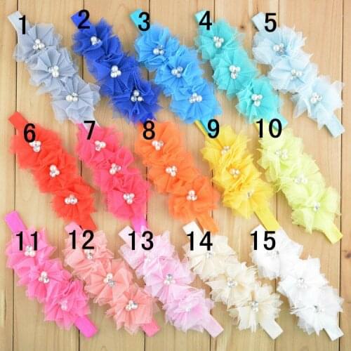 8pcs/lot girl 4.3" Tulle Flowers Headband Pearl Rhinestone Center Birthday Party Favors 18 color FD104