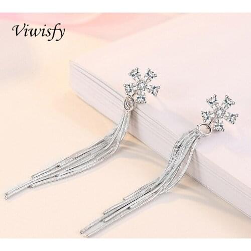 Viwisfy Long Tassel Crystal Flower Dangle Earrings Girl Wedding Jewelry 925 Sterling Silver Drop Earrings For Woman VW21205