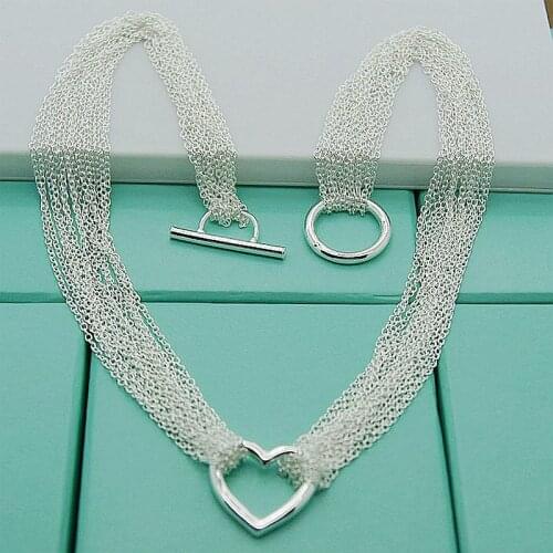 Free Shipping Silver 925 Jewelry Multi-Line String Of Heart Love Chain Necklace For Women Party Jewelry Gift