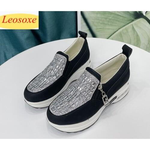 Women Sneakers Black Zipper Platform Trainers Rhinestone Shoes Woman Casual Running Shoes Womens Sprot Shoes Bigsize Black Shoes