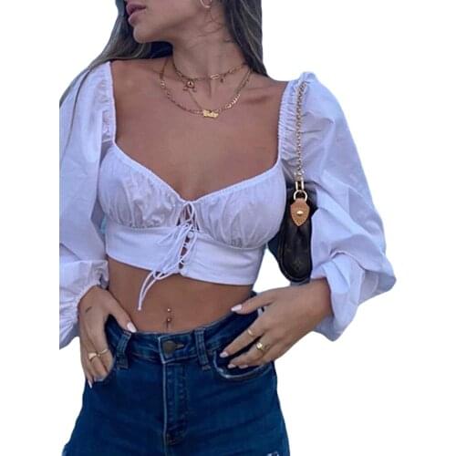 Women Summer Long-sleeved Cardigan Hot Fashion Solid Color Square Collar Lace up Exposed Navel T-shirt Breathable Comfortable