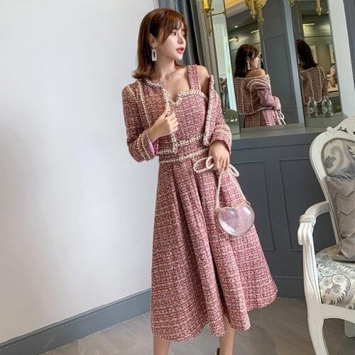 New Arrival Tweed Suits 2 Piece Set Womens Long Sleeve Plaid Jacket Coat + Sleeveless Vest Dress Elegant Two Piece Set Suit