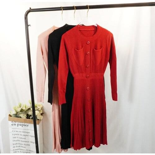 Sanishroly 2018 Autumn Women Long Sweater Dress Pockets Button Knitted Dresses Ladies Long Sleeve Pleated Dress Vestidos SE206