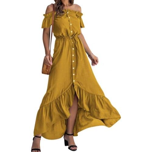 Women Midi Dress Horizontal Collar Irregular Ruffles Hem Sundress Loose Short Sleeve Summer Women Dress vestidos