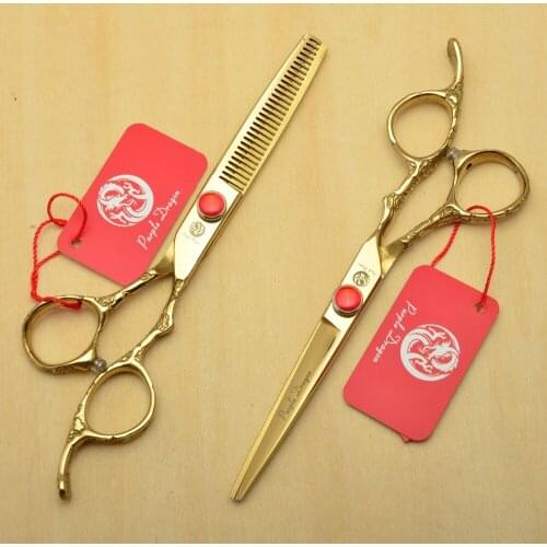 2Pcs 9002# 6'' Golden Personalized Hairdressing Scissors 440C 62HRC Cutting + Thinning Scissors Professional Human Hair Scissors