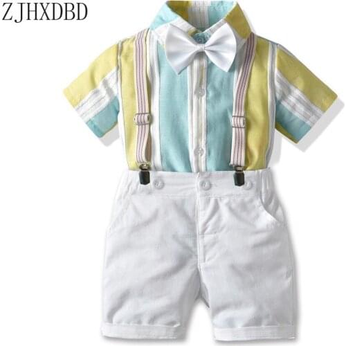 2020 England Style Party Wedding Boy Suit Striped Shirt Childrens Bow Tie Short-sleeved Shirt Suspenders Shorts Gentleman Suit