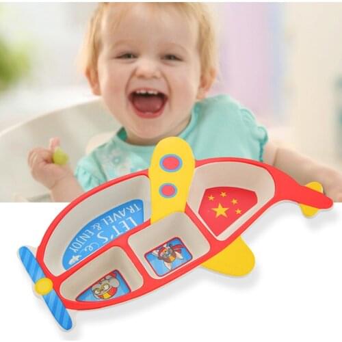 3pcs/Set Kids Bamboo Fiber Childrens Plate Aircraft Shape Grid Bowl Eating Fork Spoon Set Baby Feeding Tableware tableware set