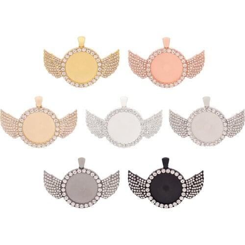3 x Round Rhinestone Bezel Pendant Tray Angel Wings Blank Bezel Cabochon Cameo Setting 25mm for DIY Necklace Jewelry Making