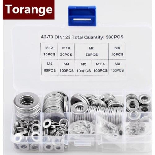 304 Stainless Steel Flat Washer Kit M2 M2.5 M3 M4 M5 M6 M8 M10 M12 Plain Washer Gaskets Assortment Kit