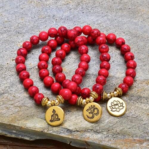 8MM Red Pine Stone Beads Stretch Bracelet with Charm Buddha,Om, Lotus Zen Bracelet Yoga Natural Stone Jewelry Wholesale Dropship