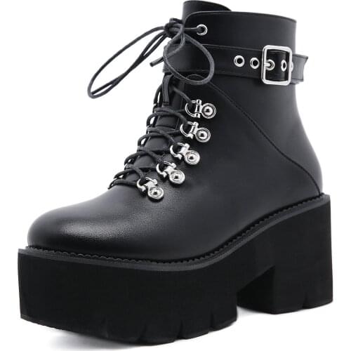 Black Platform Boots Women Boots Winter Leathe Boots Lace Up Ankle Boots Motorcycle Thick Heel Platform High Heels Large size