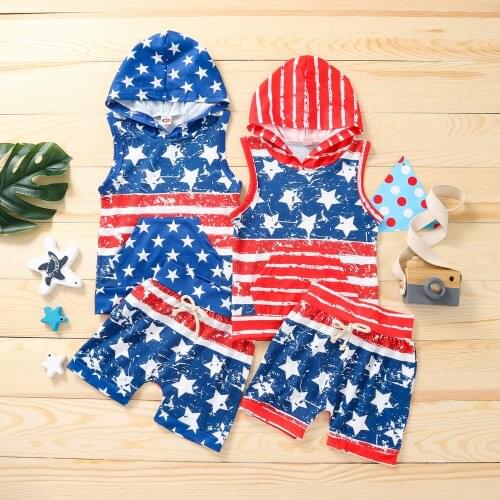 Independence Day Kids Toddler Outfits Stars Striped Hodded Top Shorts Sets 4th Of July Boys Girls Children Clothing Sets Outfit