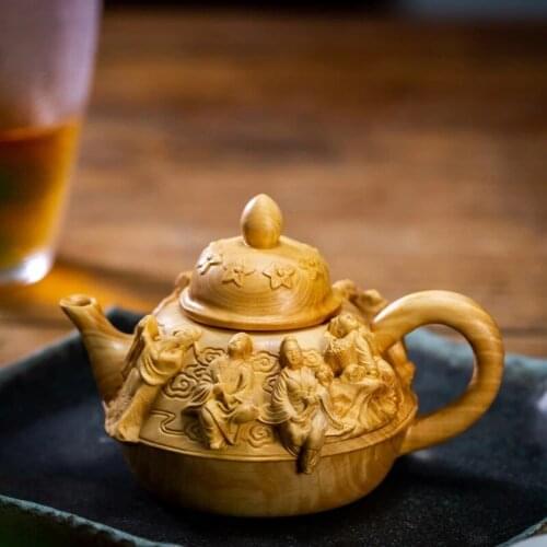 Wood Sculpture Teapot Boxwood Eight God Pot Traditional Solid Wood Chinese Statue Feng Shui Home Decor