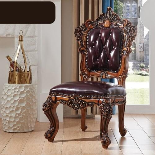 European Leather Dining Chair Dining Table Solid Wood Double-sided Carved Chair Villa High-end Imported First Layer Cowhide