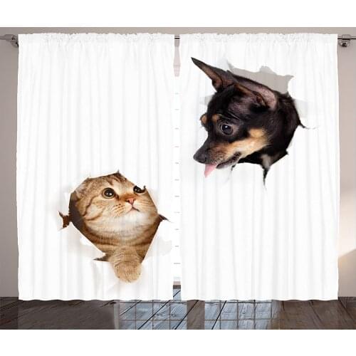 Animal Curtains Cat and Dog in Paper Side Torn Holes Funny Kitten and Puppy Photo Print Living Room Bedroom Window Drapes White