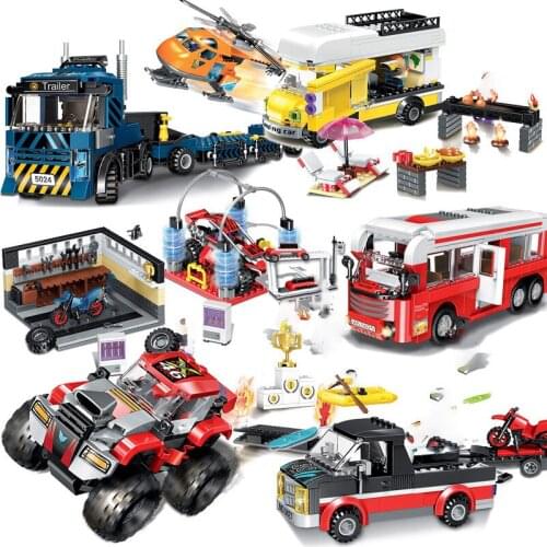 City Vehicle Bus Station Racing Car Airplane Helicopter Camper Kits Pick-Up Building Blocks Brick Kid Toy Van Truck Sets Pizza