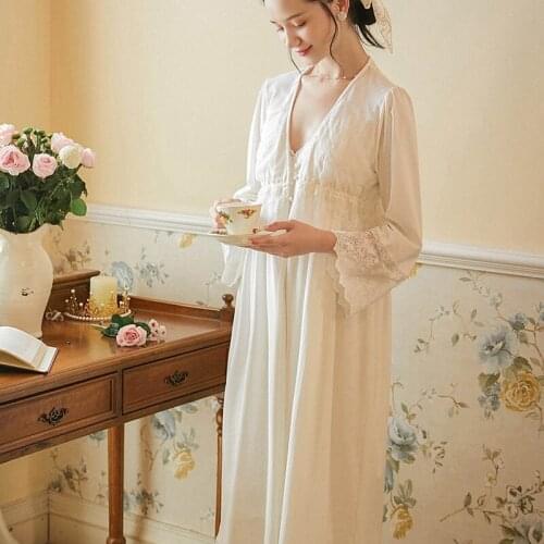 2 Piece Lace Elegant Nightgowns Robes Sets Cotton Nightdress Women Sexy Vintage Palace Style Autumn Negligee Bathrobe Sleepwear
