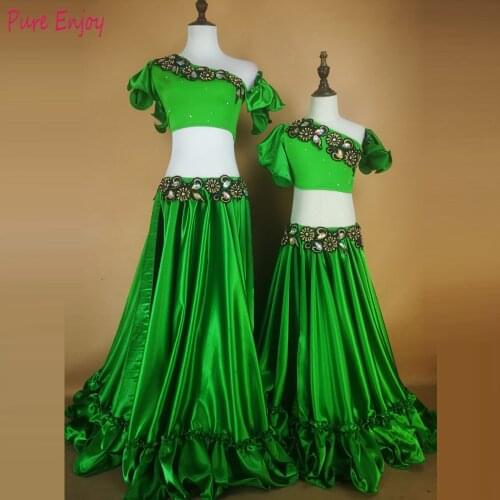 Belly Dance Costume Childrens Flare Sleeve Exposed Belly Sleeve Split Puff Skirt Long Dress Oriental Dance Set S-6XL