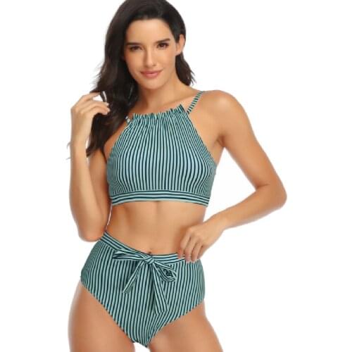 Stripe Print Split Body Swimsuit Occident Tie BIKINI Sexy Beach Wear Hot Spring Bathing Wear 21209