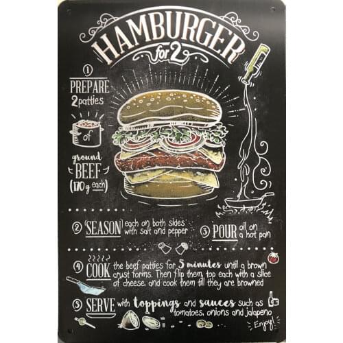Hamburger Tin Sign Metal Poster Fast Food Tin Sign Wall Decor for Kitchen Cafe Diner Bar Burger Metal Signs