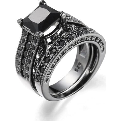 New Vintage Two Band Black Gold simple Rings Sets Square Princess Cut Black CZ Cubic Zirconia Engagement Jewelry for Men & Women
